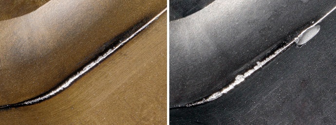 Comparación del desgaste lateral: KCK20B a la izquierda y otra calidad a la derecha | Foto: Kennametal